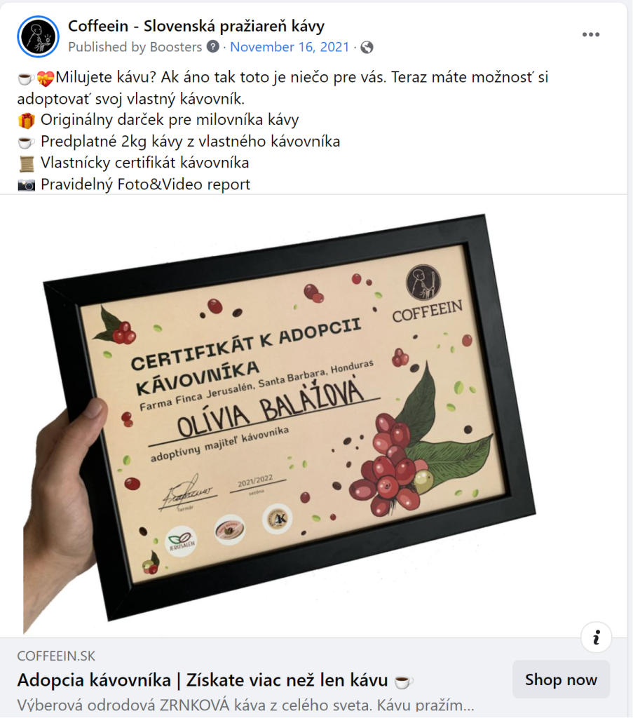 Reklama na Facebooku na adopciu kávovníka